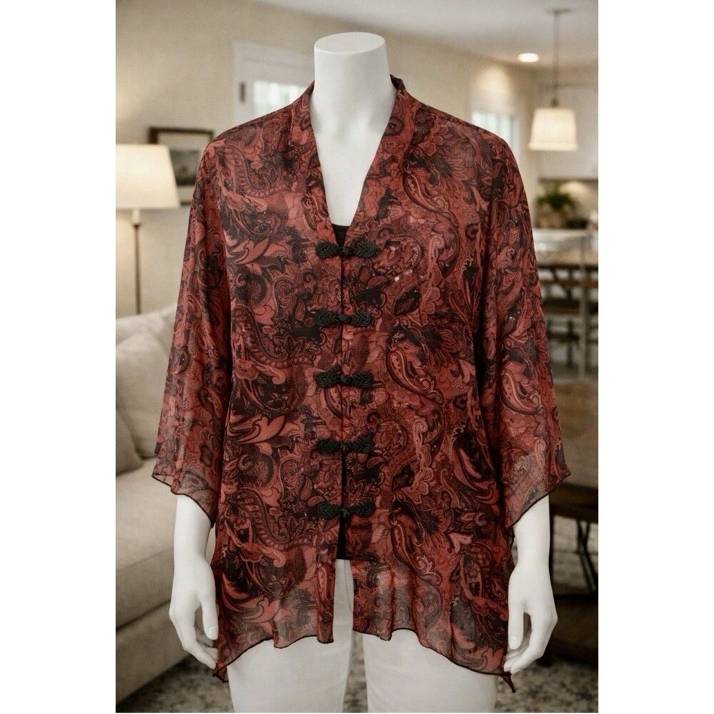 Maggie Barnes Asian Red Black Paisley Sequin 3/4 Sleeve Sheer Chiffon Blouse 1X